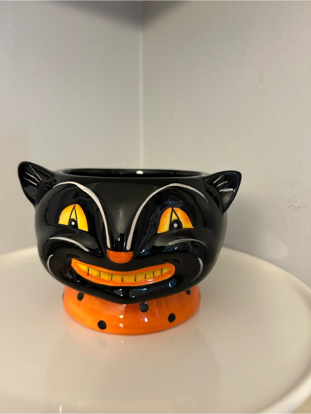 Joanna Parker Black & Orange Cat Face Ceramic Bowel - Halloween Home Accent - Picture 2 of 3